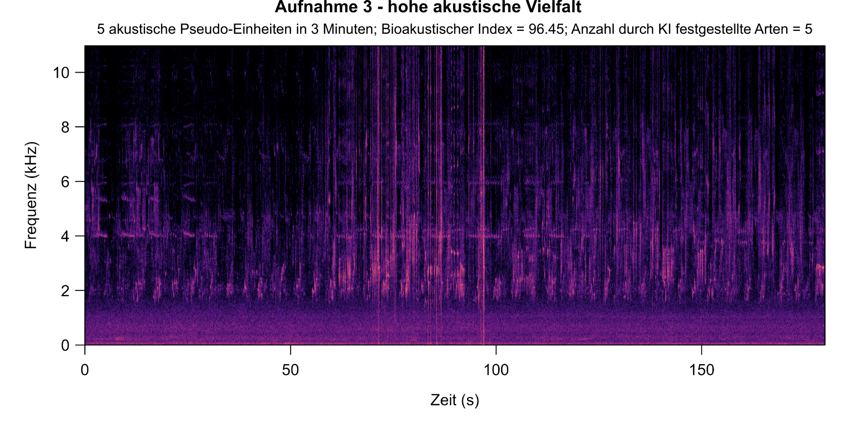 Sonogramm Aufnahme 3 - hohe akustische Vielfalt: 5 akustische Pseudo-Einheiten in 3 Minuten; Bioakustischer Index = 96.45; Anzahl durch KI festgestellte Arten = 5